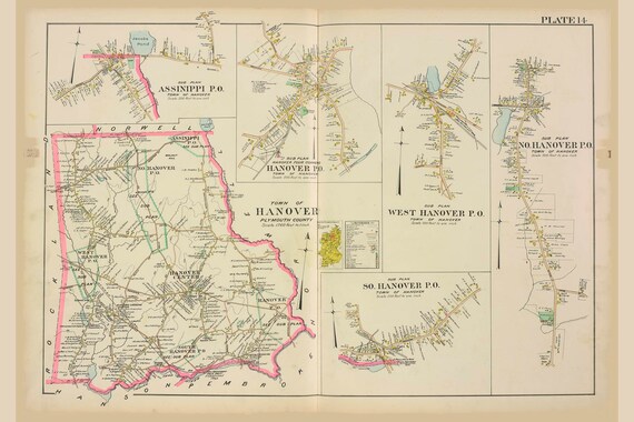 Map Of Hanover Ma Hanover Massachusetts 1903 Old Town Map Reprint Assinippi - Etsy