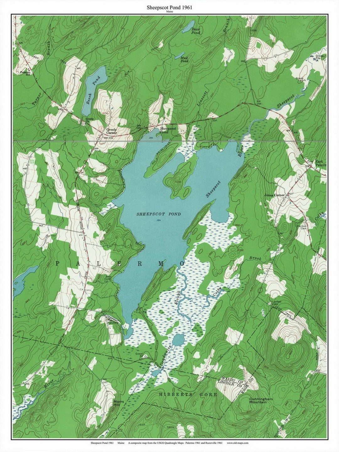 Sheepscot Pond 1961 Topographic Map USGS 7x7 Custom Composite Reprint