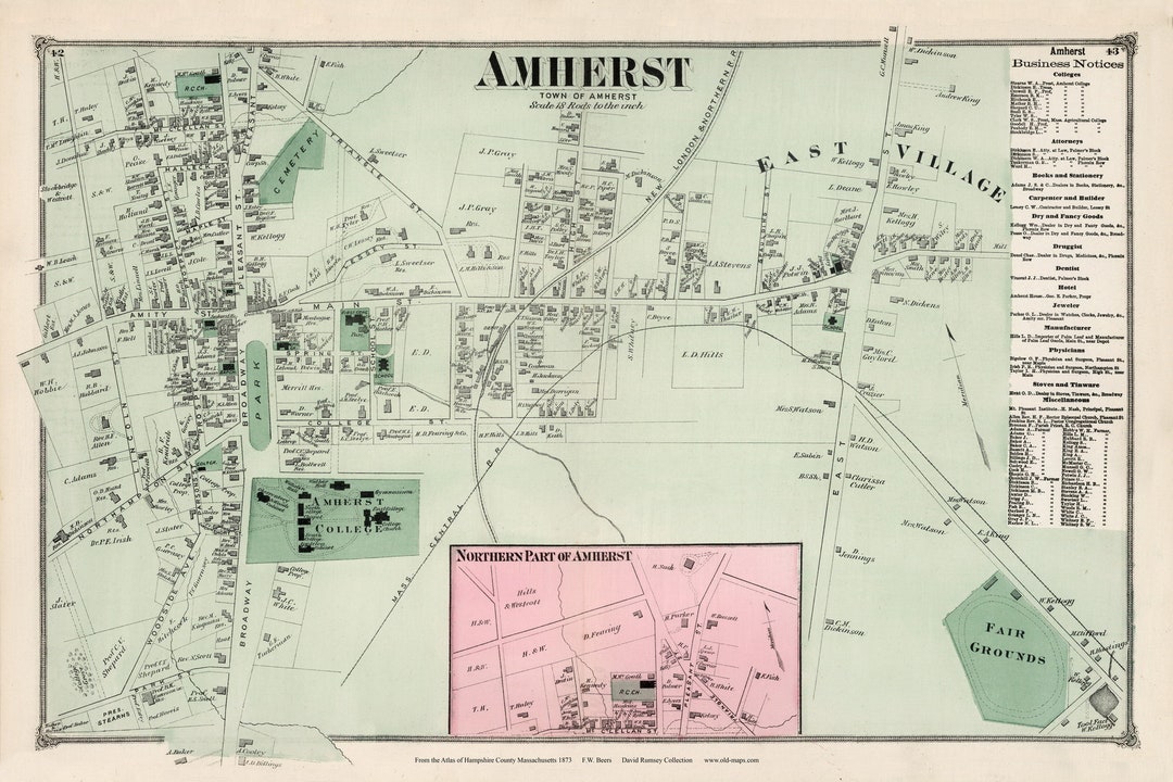 Amherst Center 1873 Old Town Map Reprint East Village, Amherst College 