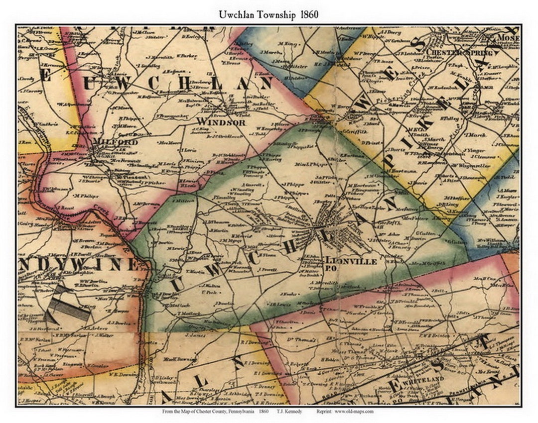 Uwchlan 1860 Old Town Map With Homeowner Names Lionville pennsylvania
