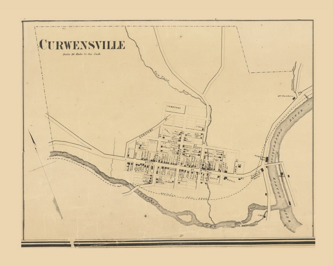 Curwensville 1866 Old Town Map With Homeowner Names Pike Pennsylvania