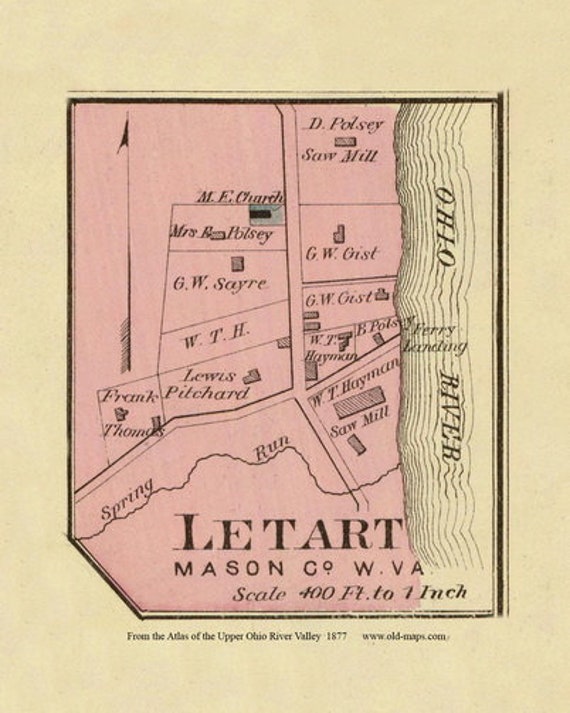 Letart 1877 Old Town Map Mason County West Virginia Ohio Etsy
