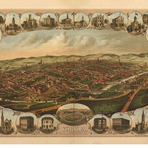 York Pennsylvania -1879 - Birds Eye View Reprint