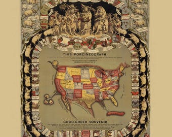 Porcineograph 1876 - Humorous Pictorial Map of U.S. As a Pig - Reprint - Novelty Not Literary
