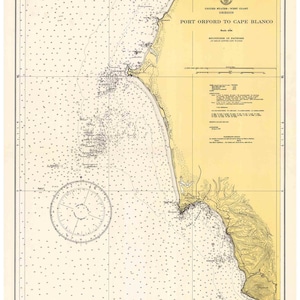 May include: A nautical chart of the coastline of Oregon from Port Orford to Cape Blanco. The chart shows depths, shorelines, and other navigational features. The chart is titled "United States - West Coast Oregon Port Orford to Cape Blanco".