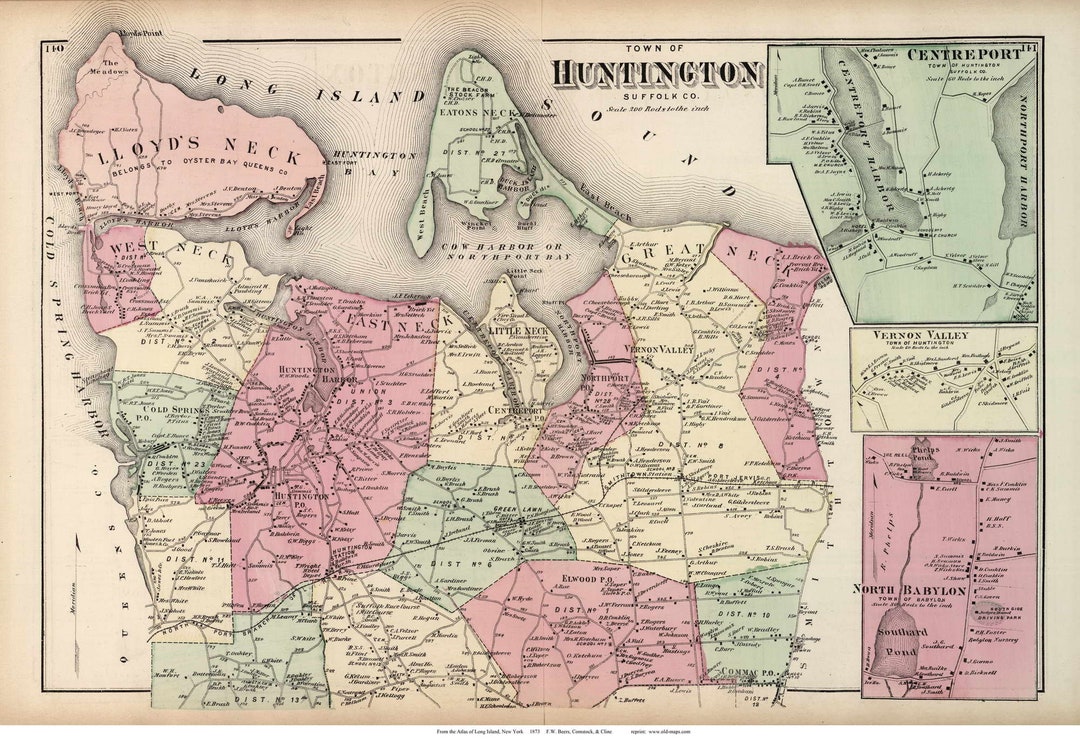 Huntington 1873 Old Map Long Island New York With Homeowner Names