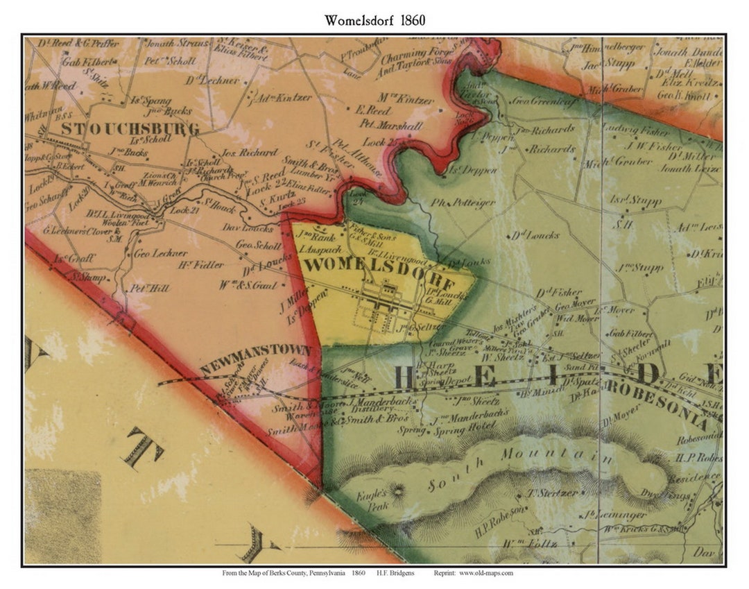 Womelsdorf 1860 Old Town Map With Homeowner Names Pennsylvania Reprint