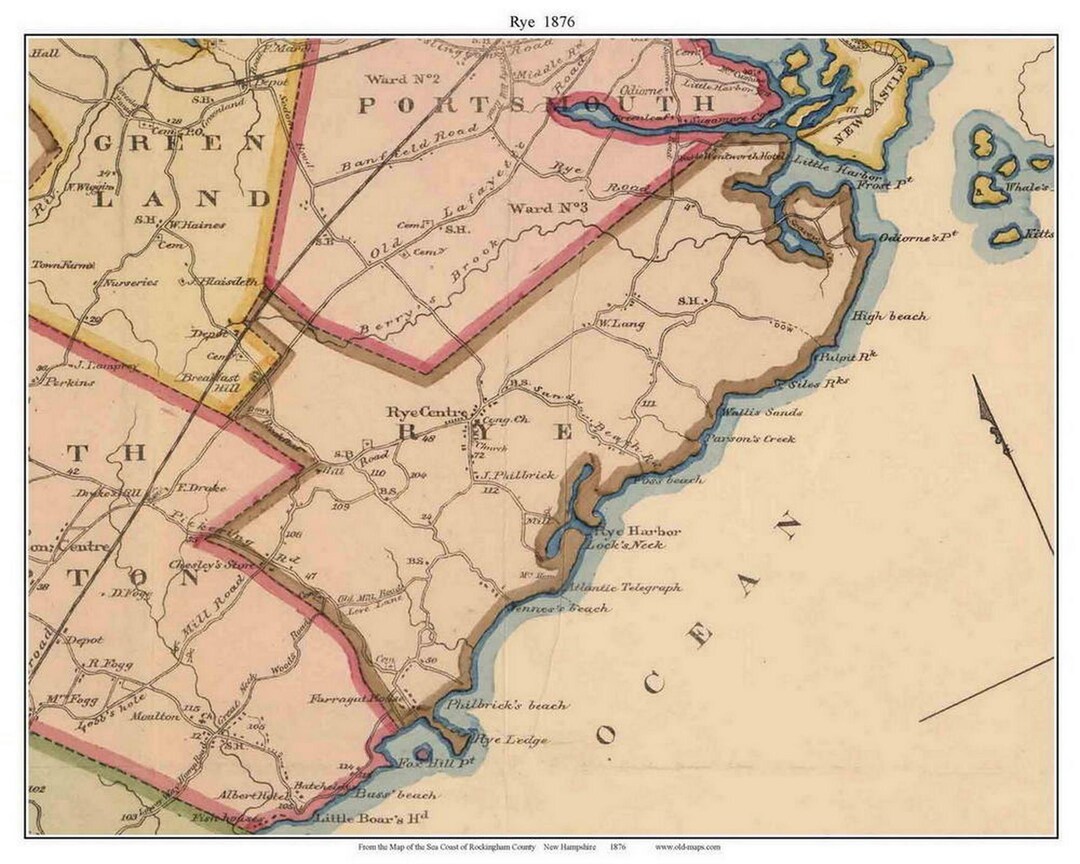 Rye 1876 Old Town Map With Homeowner Names New Hampshire - Reprint ...