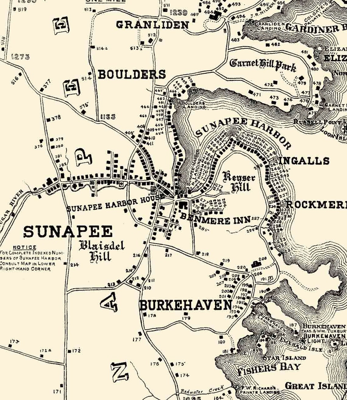 Lake Sunapee NH 1915 Map House Sites by Hancox Reprint