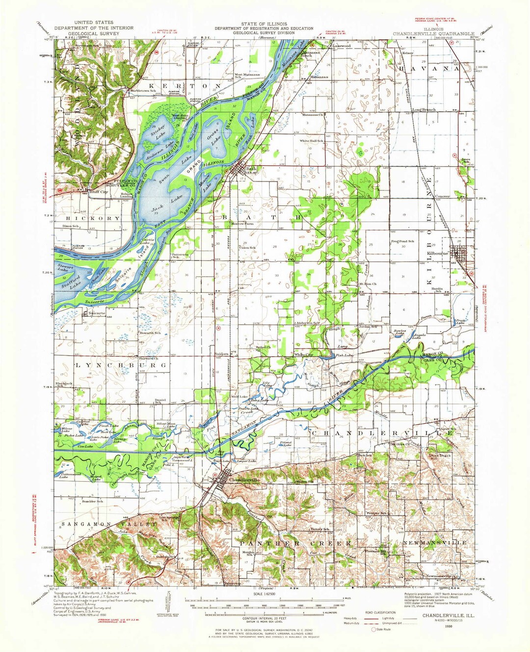 Chandlerville 1930 Old Topo Map Kerton Stafford Lake Jack Lake Bath