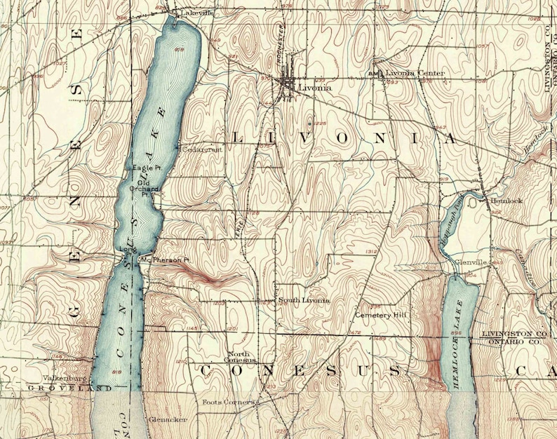 Conesus Hemlock & Honeoye Lakes 1904 USGS Old Topographic Etsy