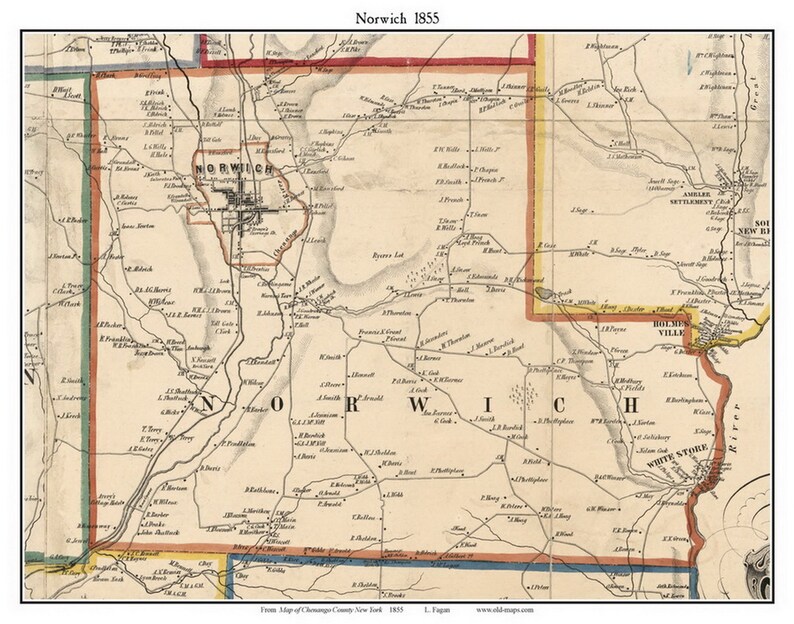 Norwich 1855 Old Town Map With Homeowner Names New York White Etsy