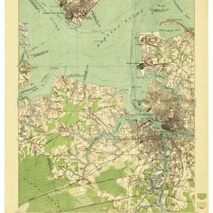 May include: A vintage map of the Hampton Roads area in Virginia, showing the cities of Newport News, Norfolk, and Chesapeake Bay. The map is printed in green, brown, and blue, and includes text labels for various landmarks and waterways.