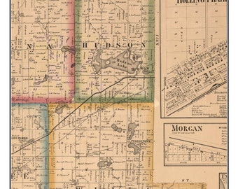 Hudson 1862 Old Town Map with Homeowner Names Indiana Hudson Lake - Reprint Genealogy LaPorte County IN TM