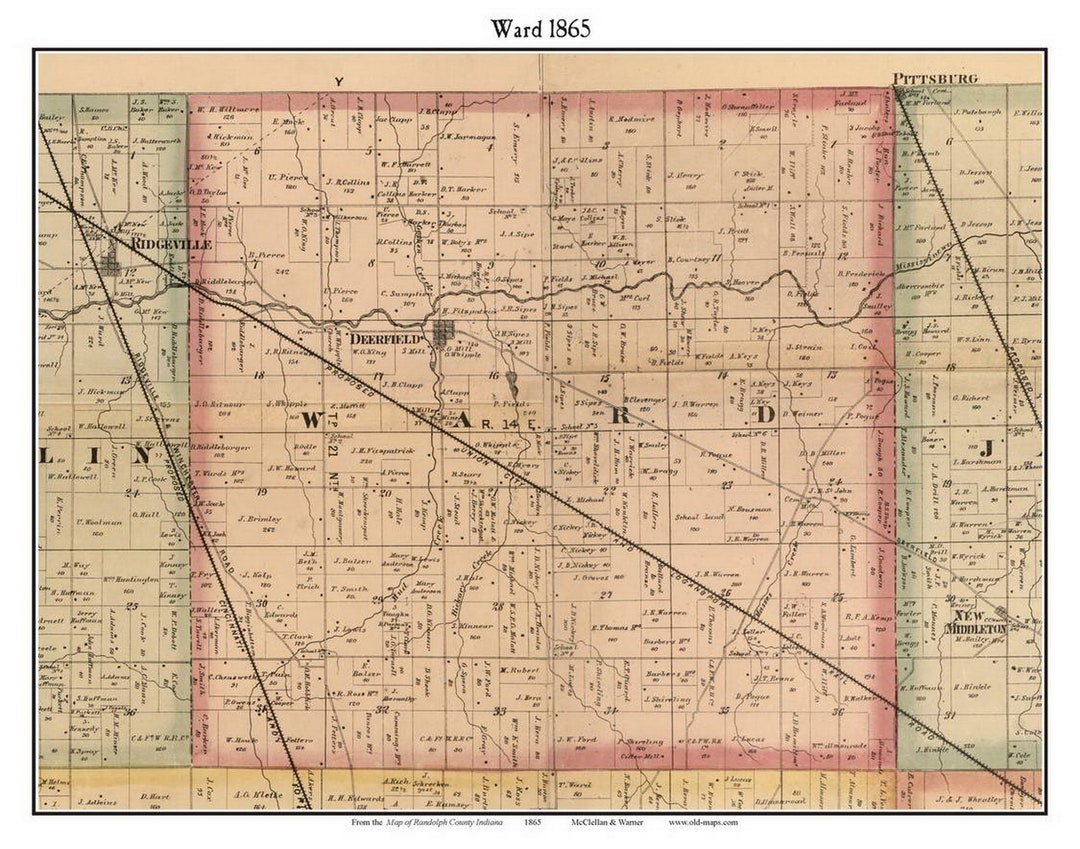 Ward 1865 Old Town Map With Homeowner Names Indiana Deerfield - Reprint ...