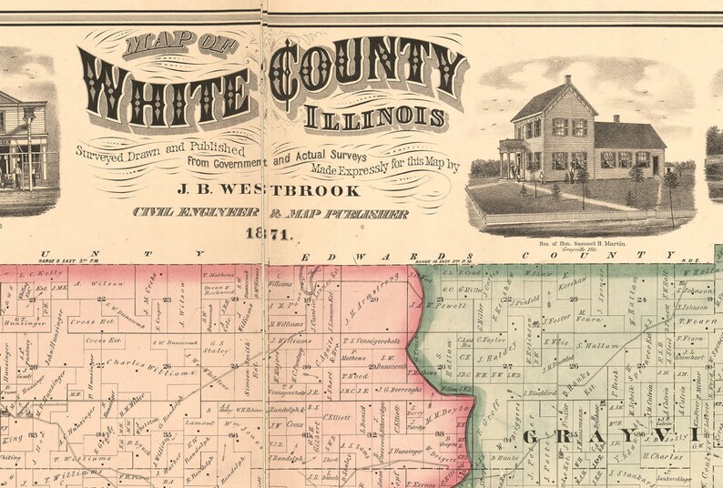 White County Illinois 1871 Old Wall Map Reprint with Homeowner Etsy
