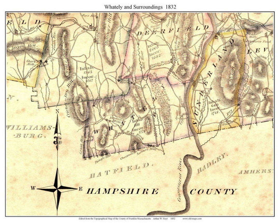 Whately 1832 Old Town Map Reprint Franklin County, Massachusetts Place