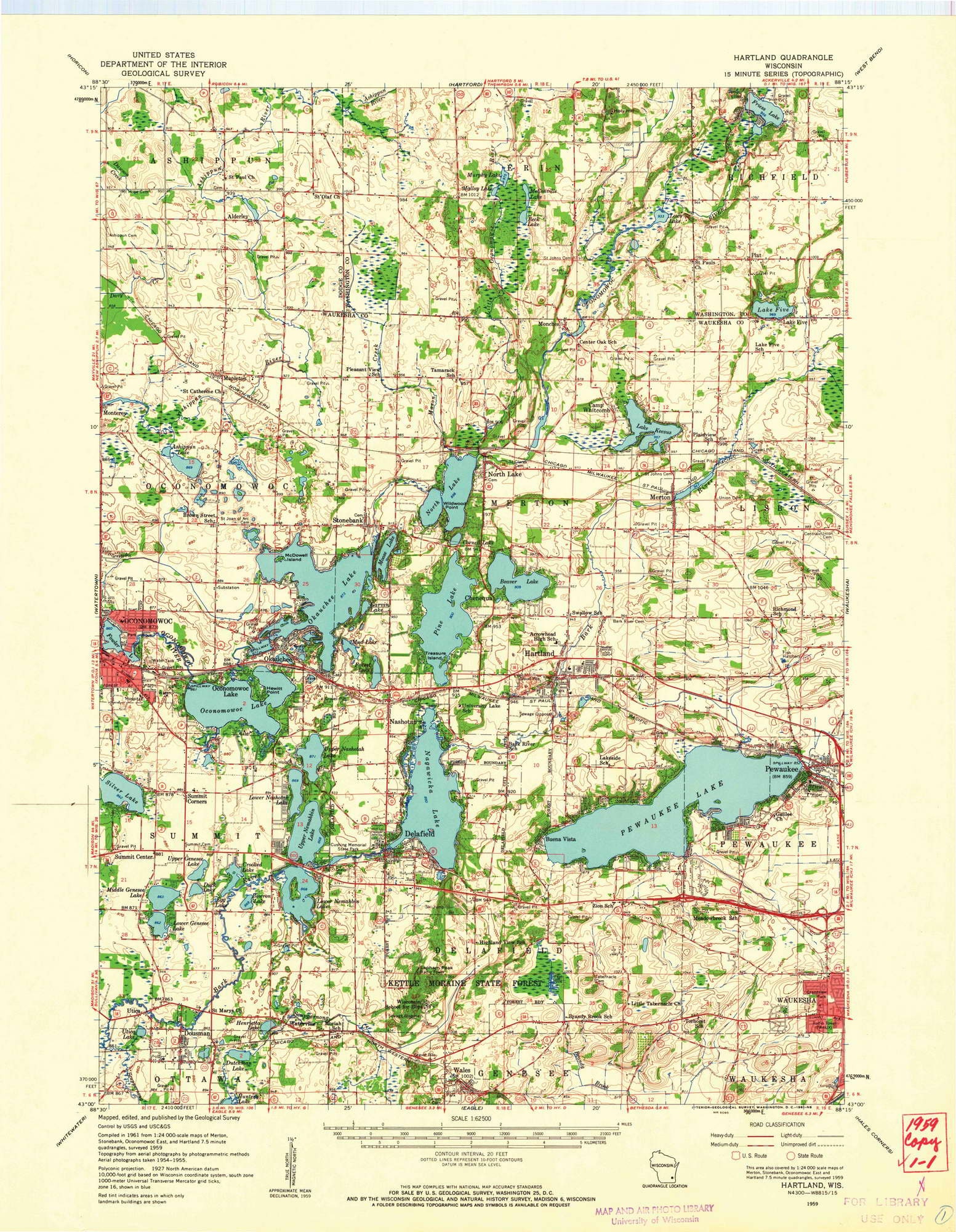 Map Of Pewaukee Wisconsin Hartland 1959 1961 Old Topo Map Pewaukee Lake Okauchee | Etsy Uk