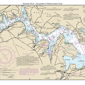 May include: A nautical chart of the Potomac River from Alexandria to Mattawoman Creek, Maryland and Virginia. The chart shows the river's course, depths, and other navigational information. The chart is printed on a cream-colored background with blue water and green land.