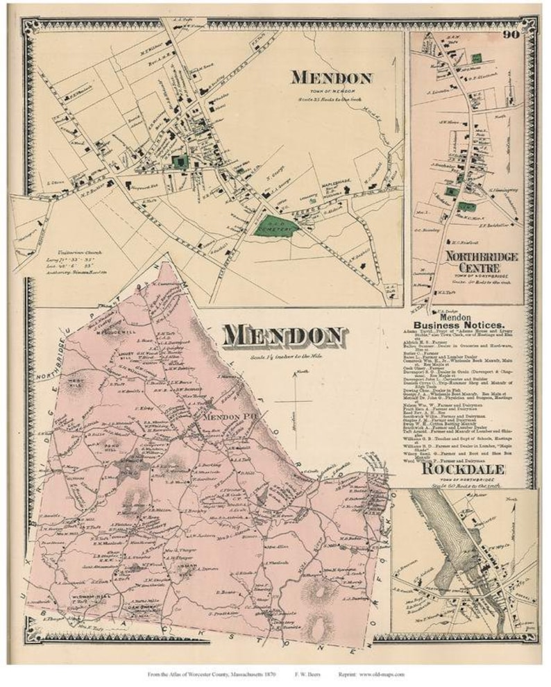 Mendon 1870 Rockdale Northbridge Center Old Town Map With Etsy