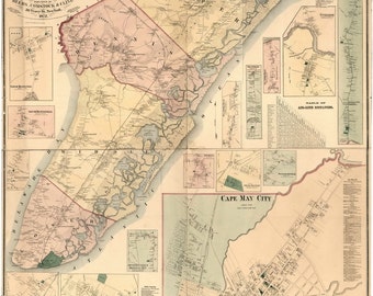 Cape May County  New Jersey 1872 - Old Wall Map Reprint with Homeowner Names - Genealogy