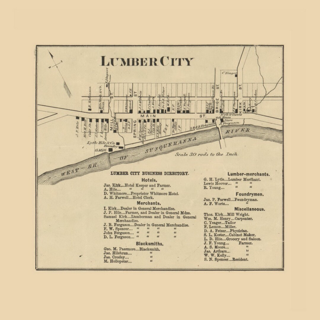 Lumber City 1866 Old Town Map With Homeowner Names Penn Pennsylvania