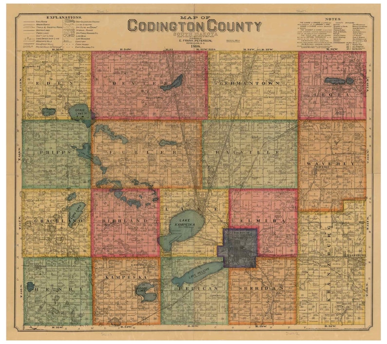 Codington County South Dakota 1898 Old Wall Map With Etsy
