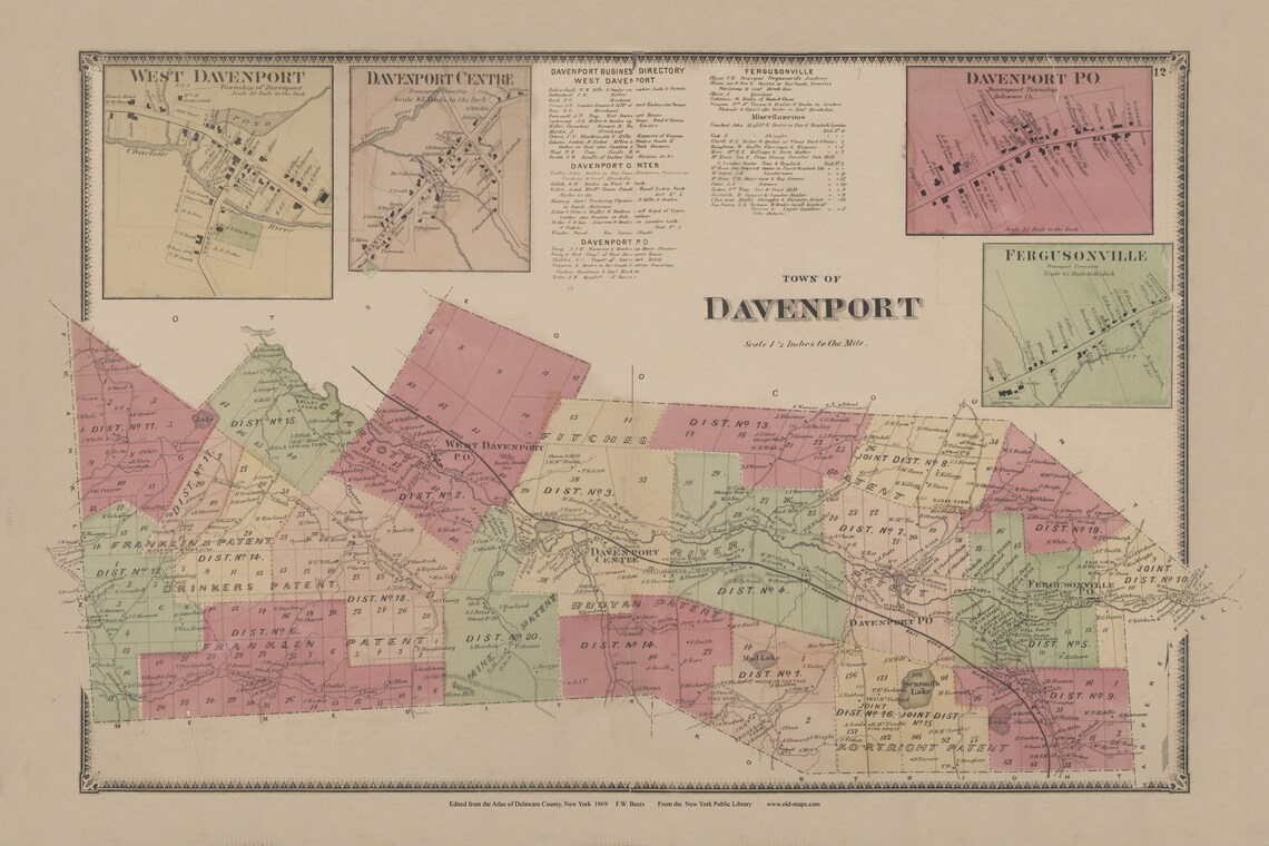 Davenport 1869 New York Delaware Co Atlas Old Town Map Etsy