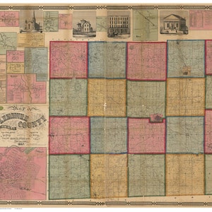 Lenawee County  Michigan 1857  - Wall Map Reprint with Homeowner Names Farm Lines Genealogy