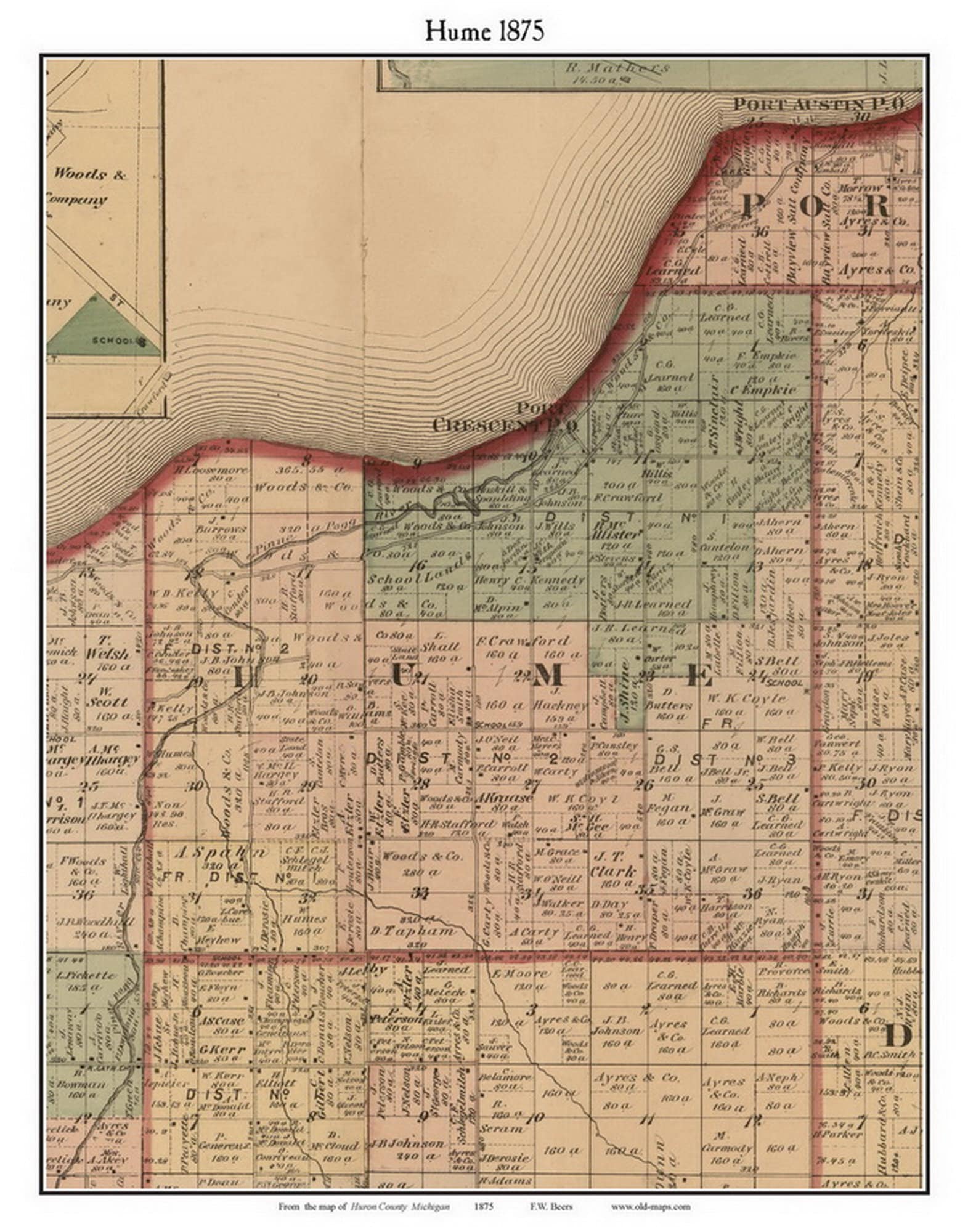 Hume 1875 Old Town Map With Homeowner Names Port Crescent Michigan Reprint Genealogy Huron Co MI