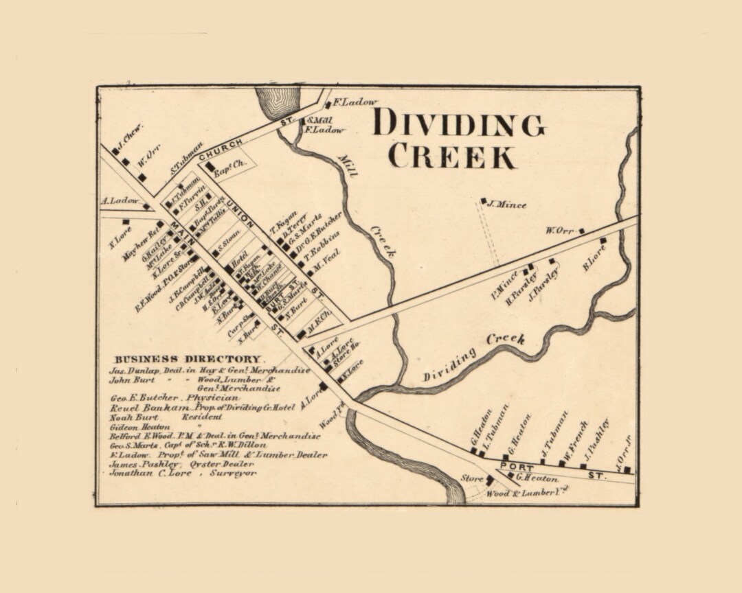 Dividing Creek 1862 Old Town Map With Homeowner Names Downe Cumberland