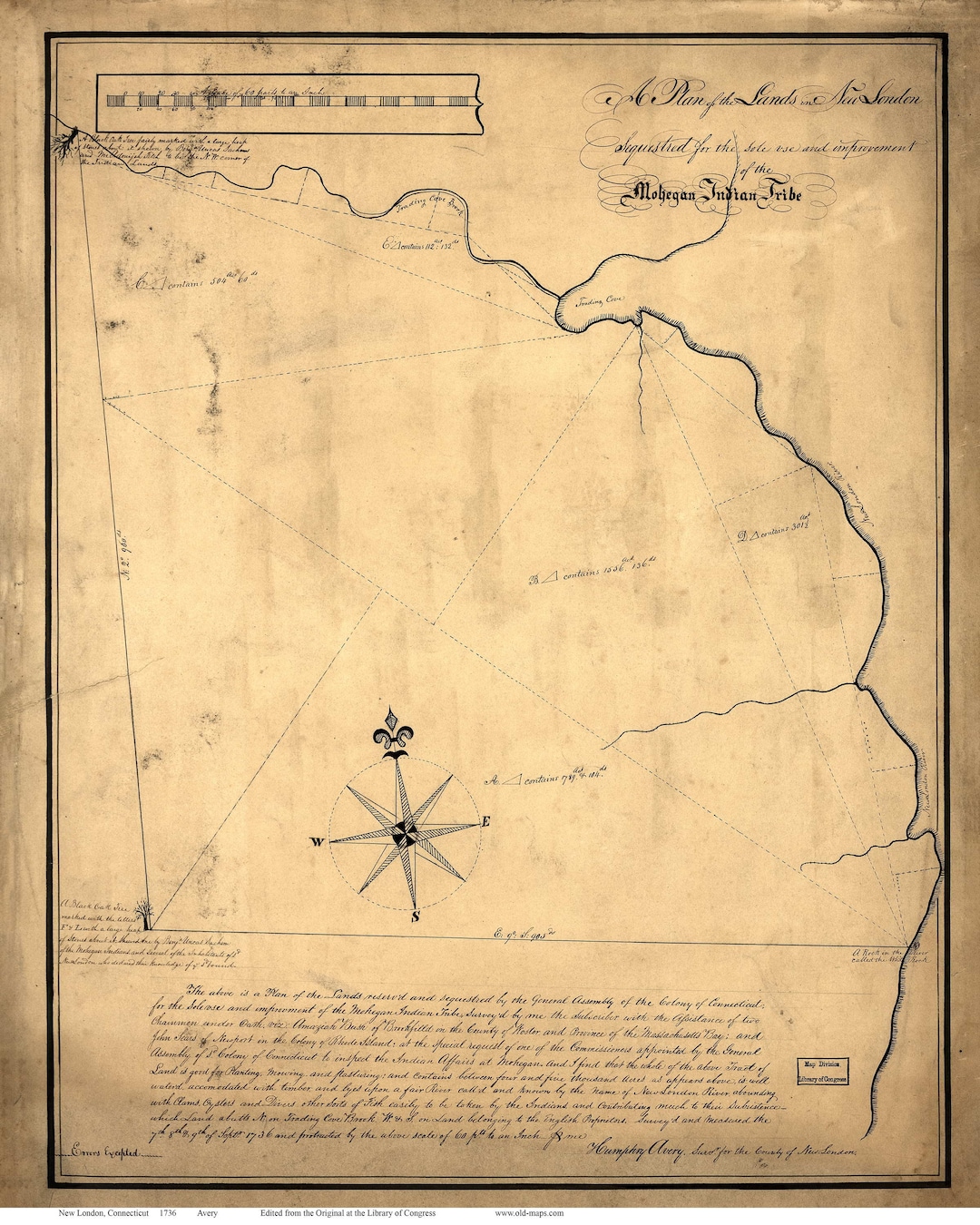 New London Connecticut 1736 - Old Map Reprint- Mohegan Indian Tribe ...