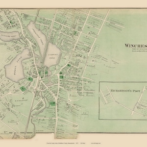 May include: An antique map of Winchester, Massachusetts, showing the town's layout with streets, ponds, and landmarks. The map is printed on a light green background with brown text and lines.