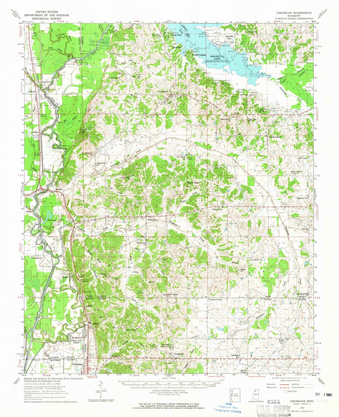 Crenshaw 1963 1965 Old Topo Map Arkabutla Lake Strayborn Longtown Quad