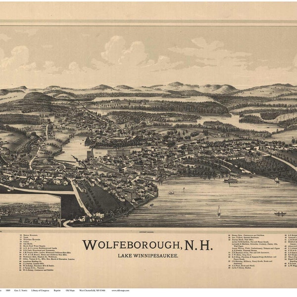 Wolfborough - Lake Winnipesaukee 1889 Birds Eye View - Geo E. Norris New Hampshire Reprint