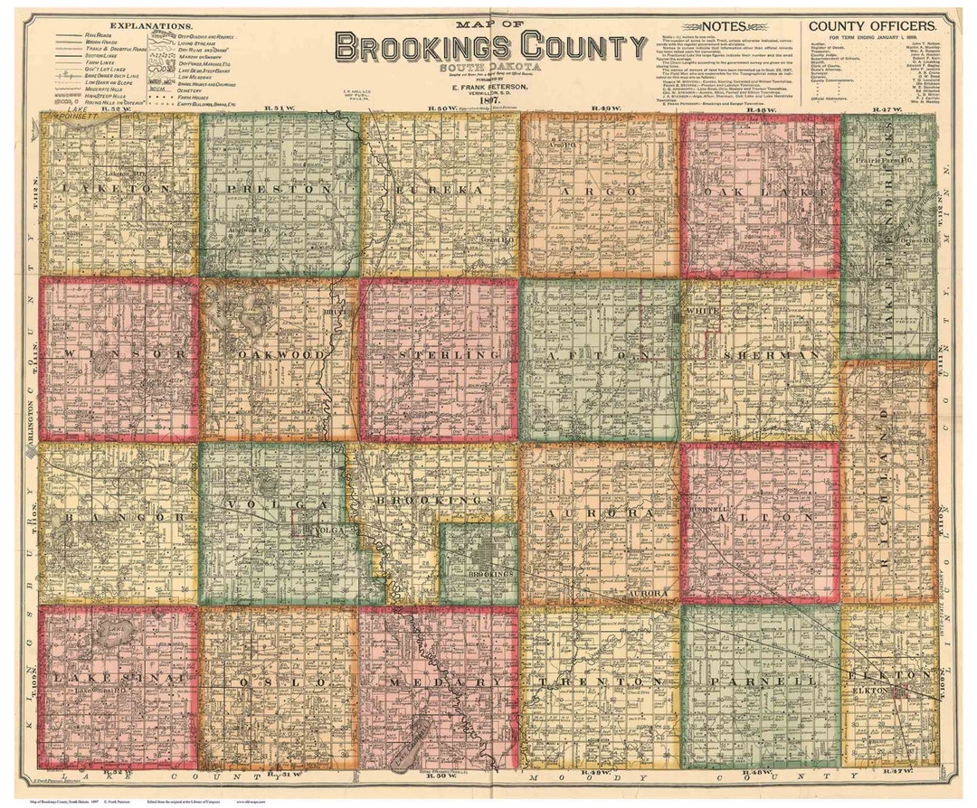 Brookings County South Dakota 1897 Old Wall Map With