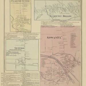 May include: Antique map of Erie County, New York, from 1866, featuring detailed town layouts of Clarence Center, Clarence Hollow, Getzville, and Gowanda. The map includes street names, businesses, and geographical features.
