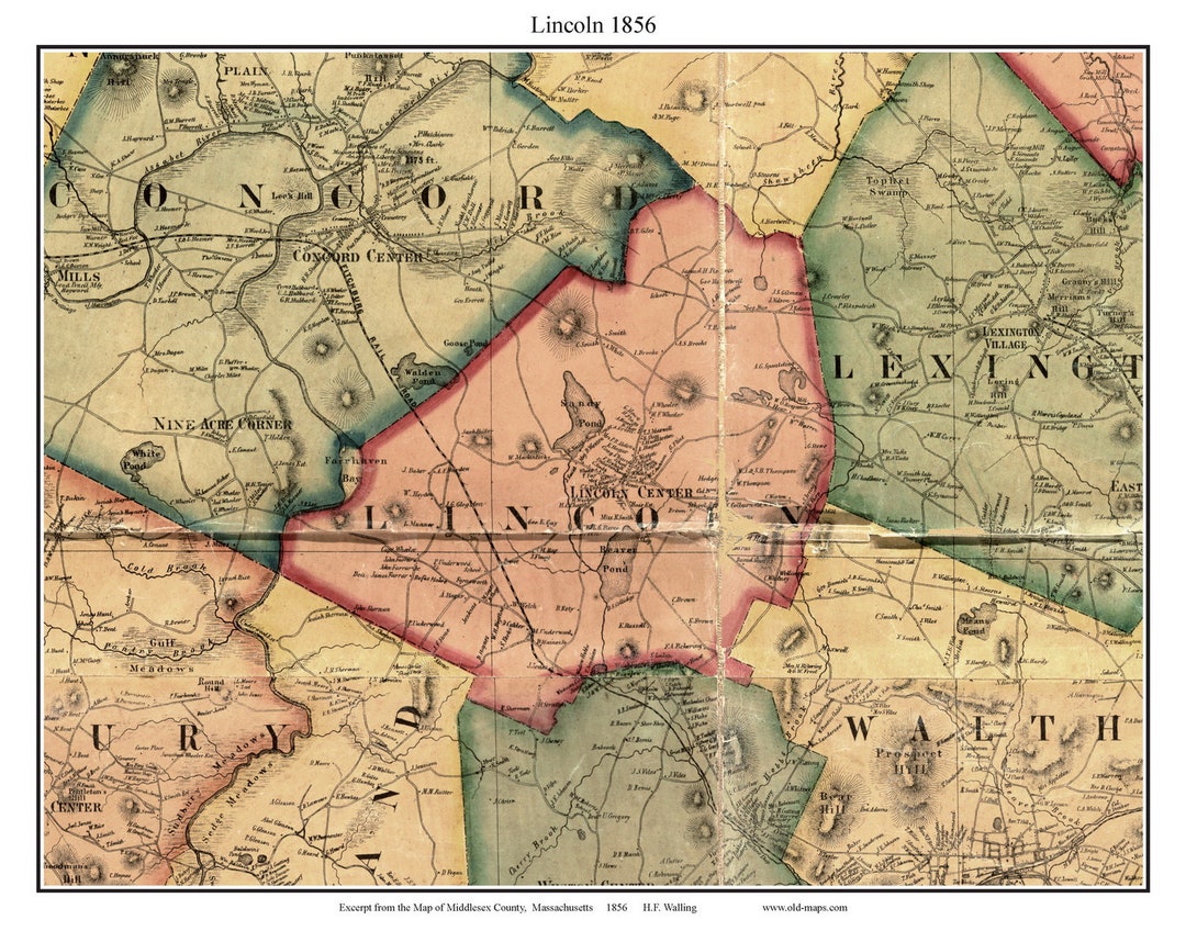 Lincoln 1856 Old Town Map With Homeowner Names Massachusetts Sandy Pond