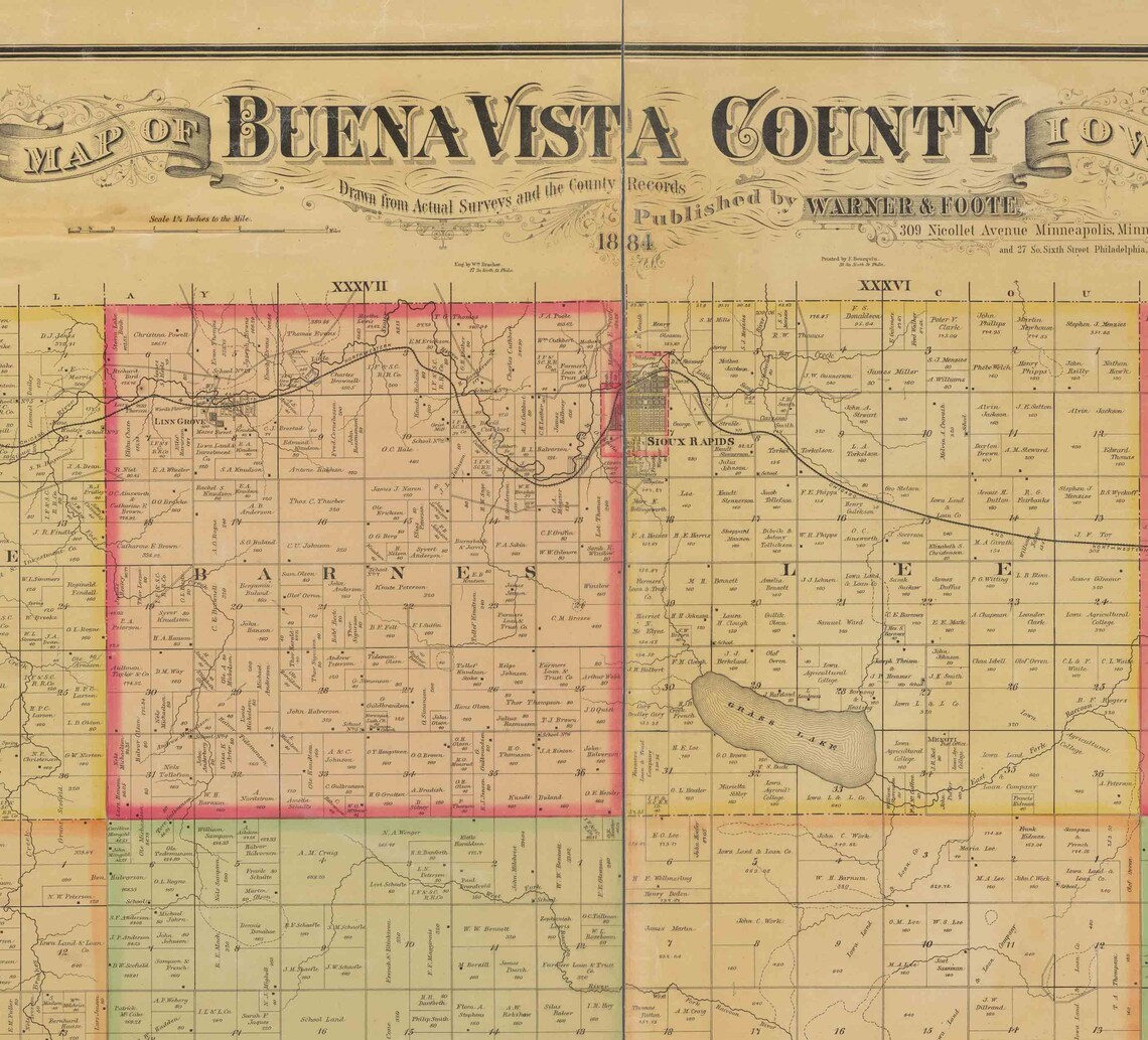 Buena Vista County Iowa 1884 Old Wall Map with Landowner Etsy