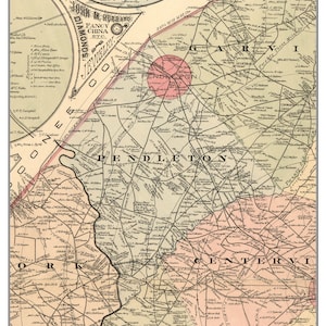 May include: An antique map of Pendleton, South Carolina, from 1897. The map shows the roads, towns, and rivers in the area. The map is in a vintage style with a light brown background and black lines. The text on the map is in a black font. The map is titled "Pendleton 1897".