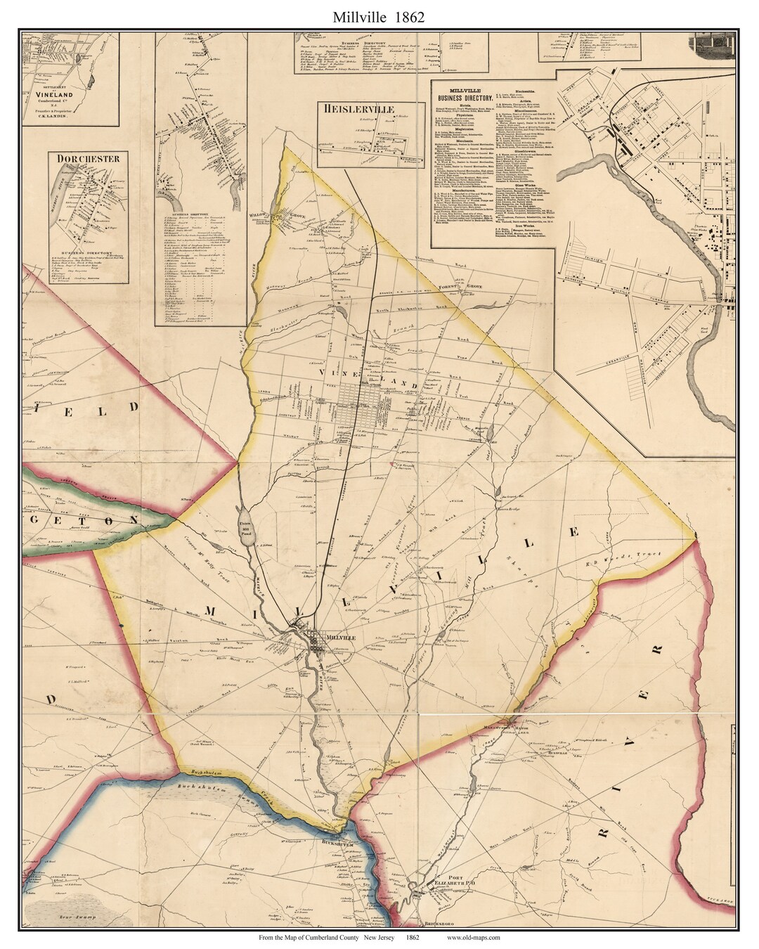 Millville 1862 Old Town Map With Homeowner Names Cumberland Etsy