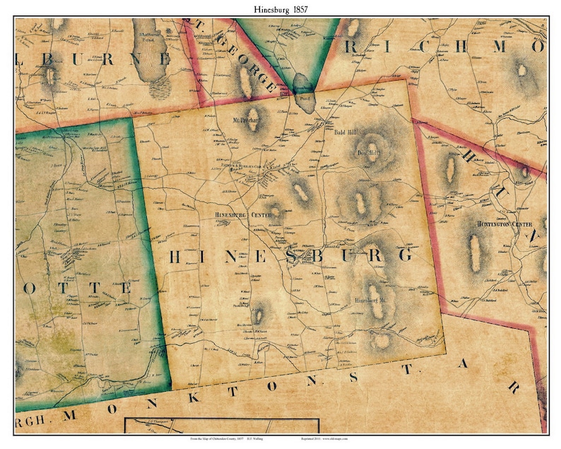 Hinesburg 1857 Old Town Map With Homeowner Names Vermont Reprint