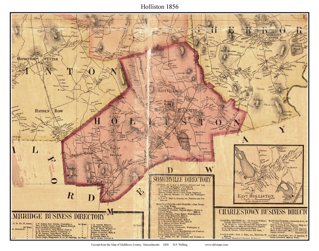 Holliston 1856 Old Town Map With Homeowner Names Massachusetts