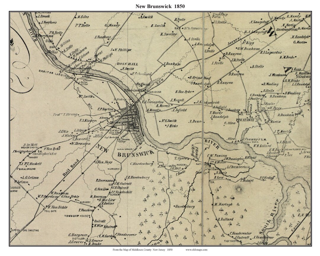 New Brunswick 1850 Old Town Map With Homeowner Names New Jersey Reprint