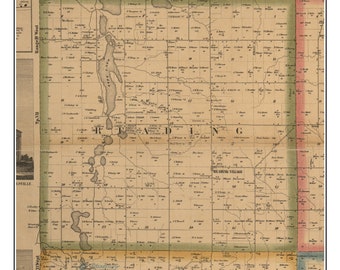 Reading 1857 Old Town Map with Homeowner Names - Long Lake - Michigan - Reprint Genealogy Hillsdale Co MI TM