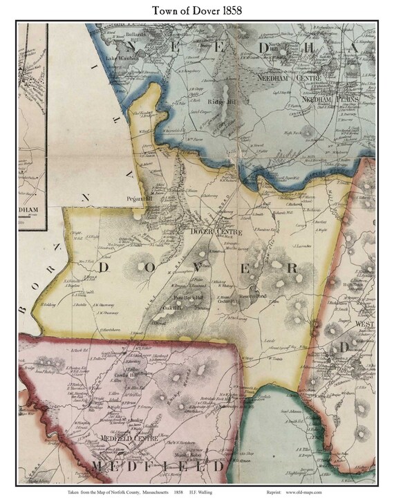 Dover Massachusetts 1858 Old Town Map With Homeowner Names - Etsy