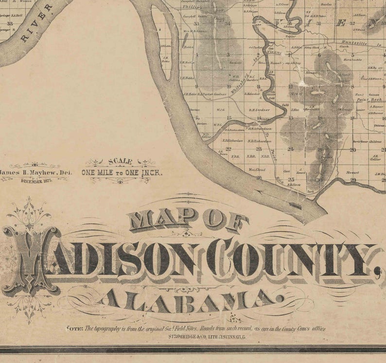 Madison County Alabama 1875 Old Wall Map With Landowner - Etsy