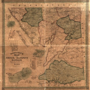 Cecil County, Maryland 1858   by Simon J. Martenet - Old Wall Map Reprint with Homeowner Names - Genealogy