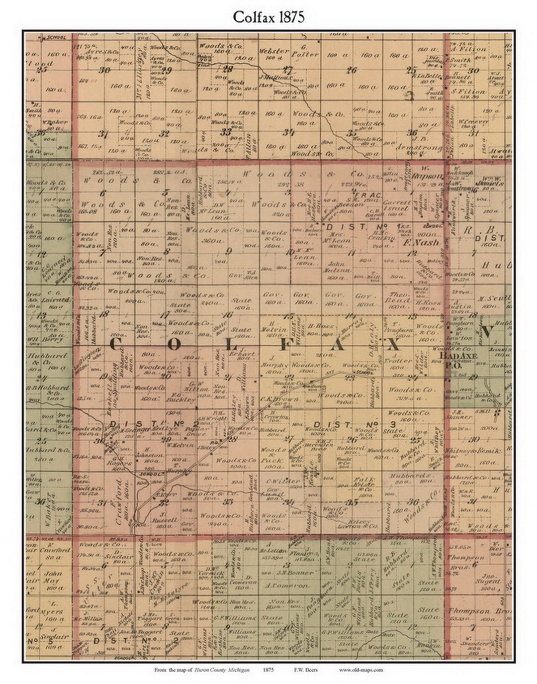 Colfax 1875 Old Town Map With Homeowner Names Michigan Reprint