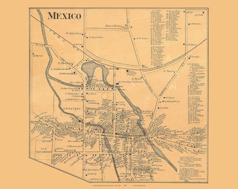 Mexico Village 1889 Old Town Map with Homeowner Names New York - Reprint Genealogy Oswego County NY TM
